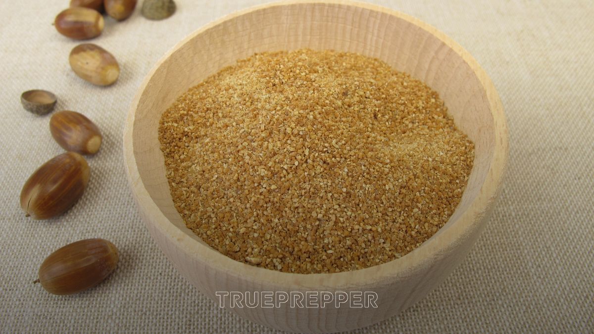 Acorn flour and acorns on burlap matt on the way to make acorn bread